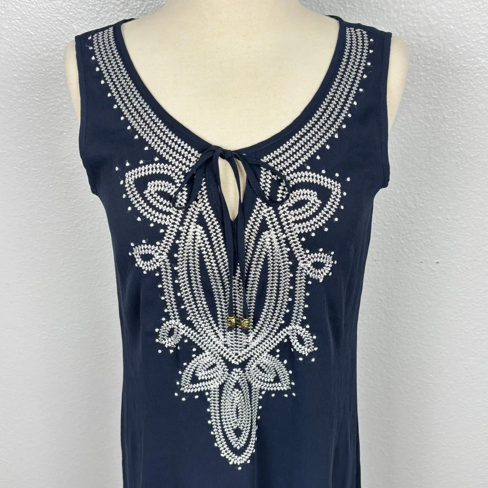 A Byer Navy Embroidered Dress Womens‎ S Sleeveless Boho Flowy Lined Tunic